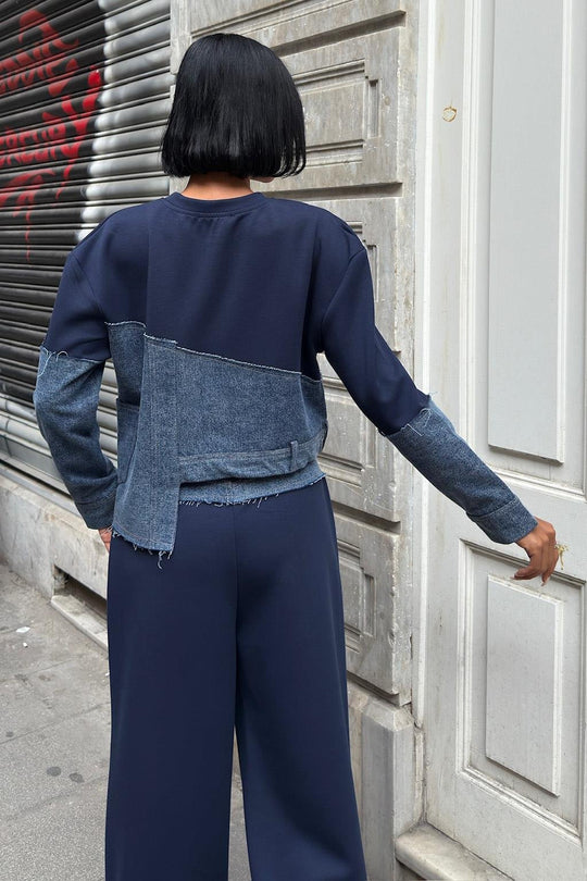 Denim Detailed Two-Tone Modal Sweatshirt & Wide-Leg Pants Set