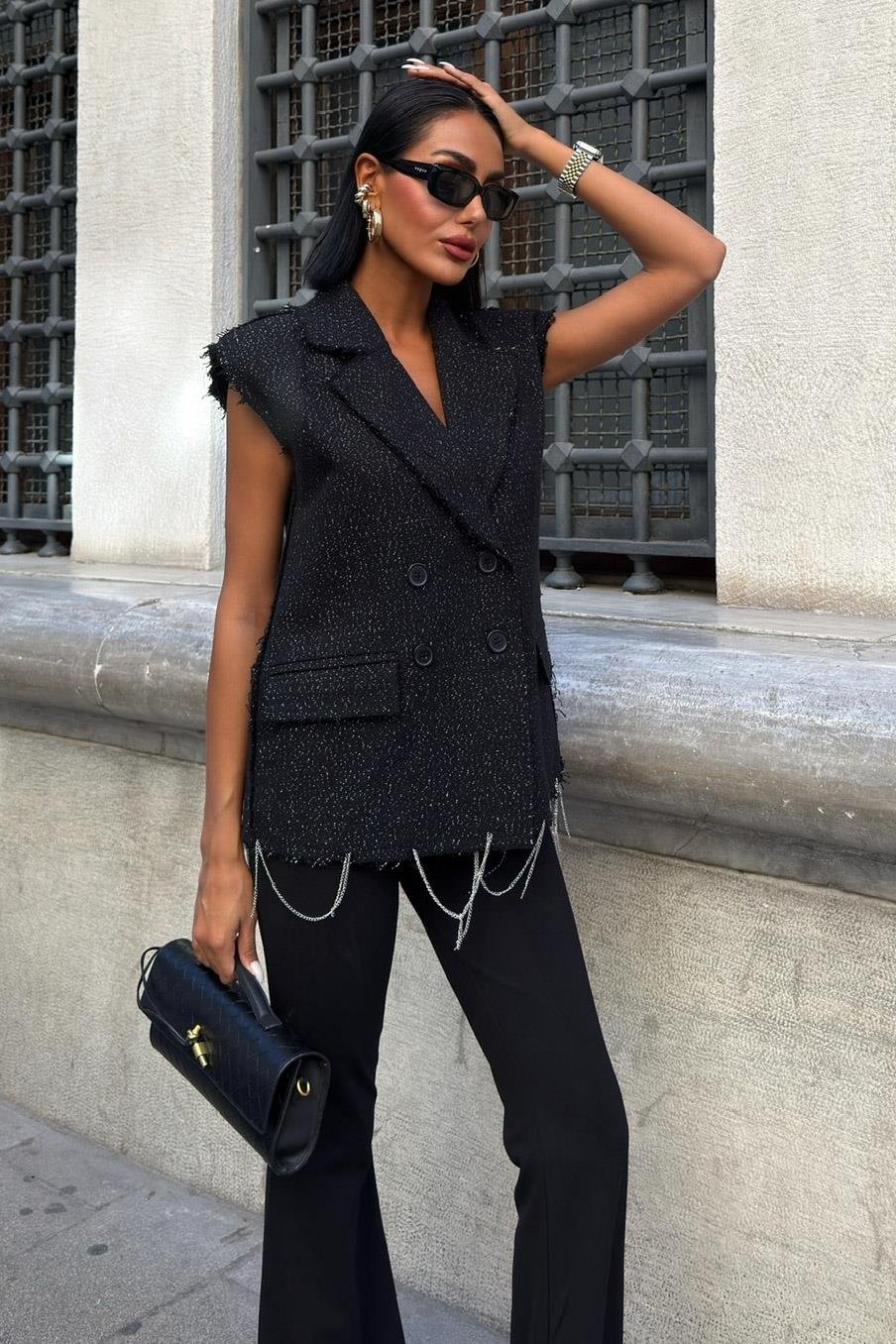 Sparkle Tweed Sleeveless Blazer Vest – Double-Breasted Statement Top