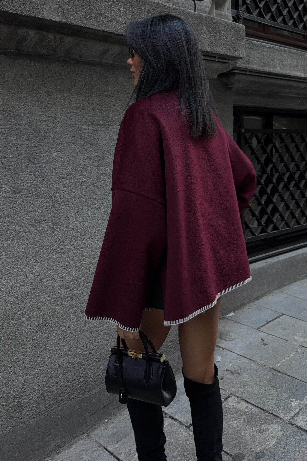 High-Neck Wool Blend Coat with Contrast Stitch Detail – Elegant Midi Length