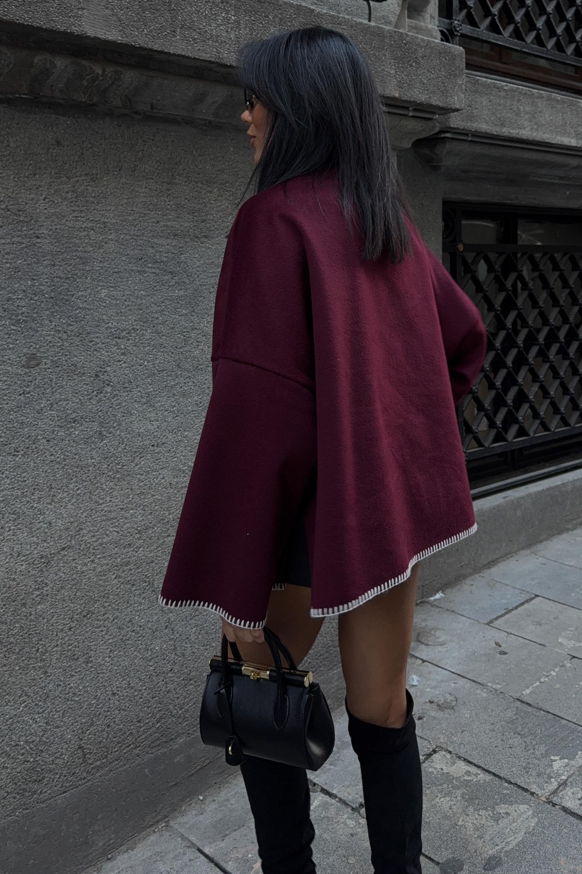 High-Neck Wool Blend Coat with Contrast Stitch Detail – Elegant Midi Length