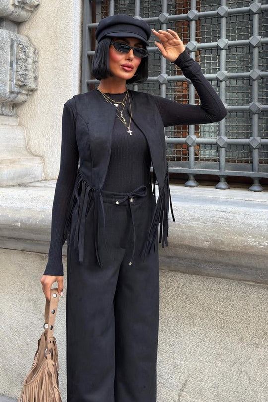 Fringe Detail Suede Vest & Pants Set – Boho Western Chic Outfit