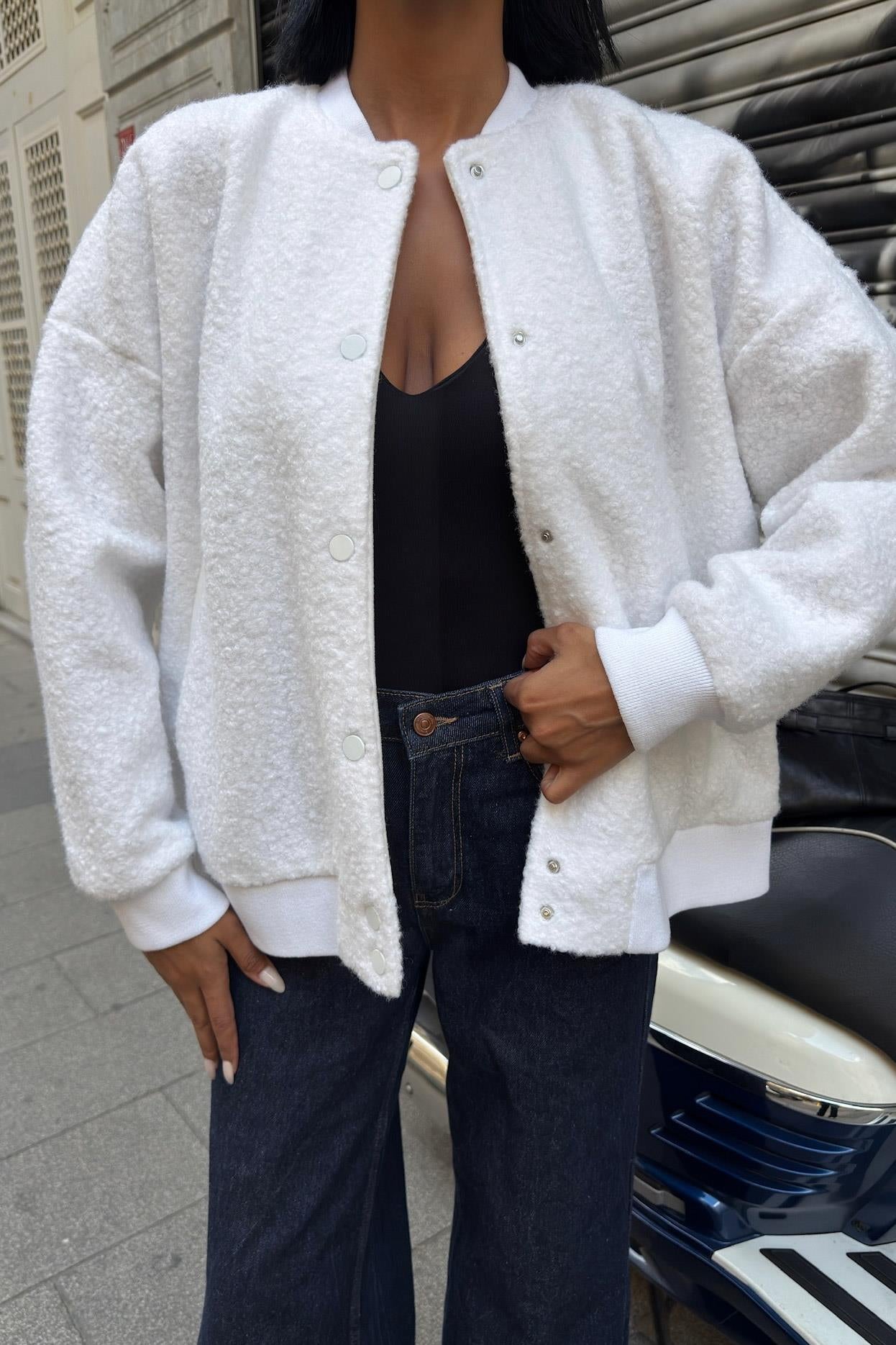 Teddy Textured Bomber Jacket – Cozy Street Style in White & Brown
