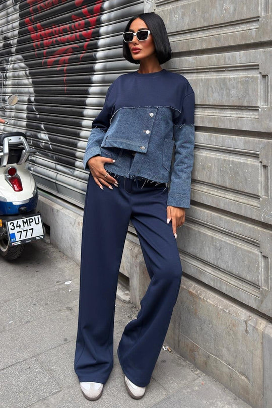 Denim Detailed Two-Tone Modal Sweatshirt & Wide-Leg Pants Set