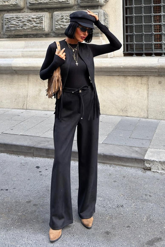 Fringe Detail Suede Vest & Pants Set – Boho Western Chic Outfit