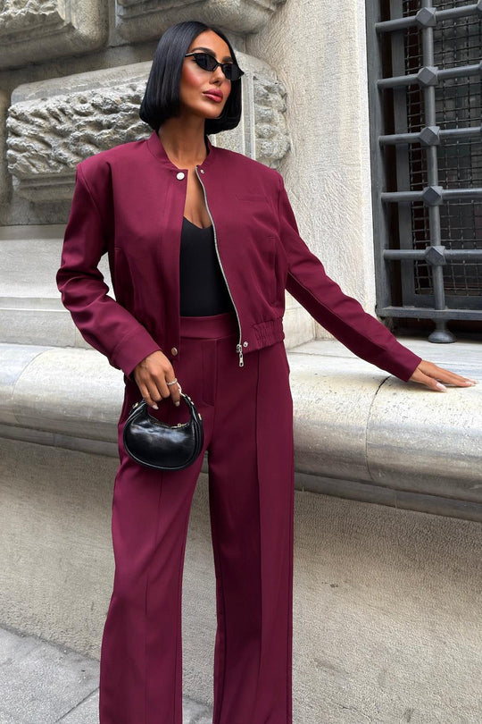 Elegant Wine Red Two-Piece Suit – Double Fabric Long Sleeve Bomber Jacket & Wide-Leg Pants Set