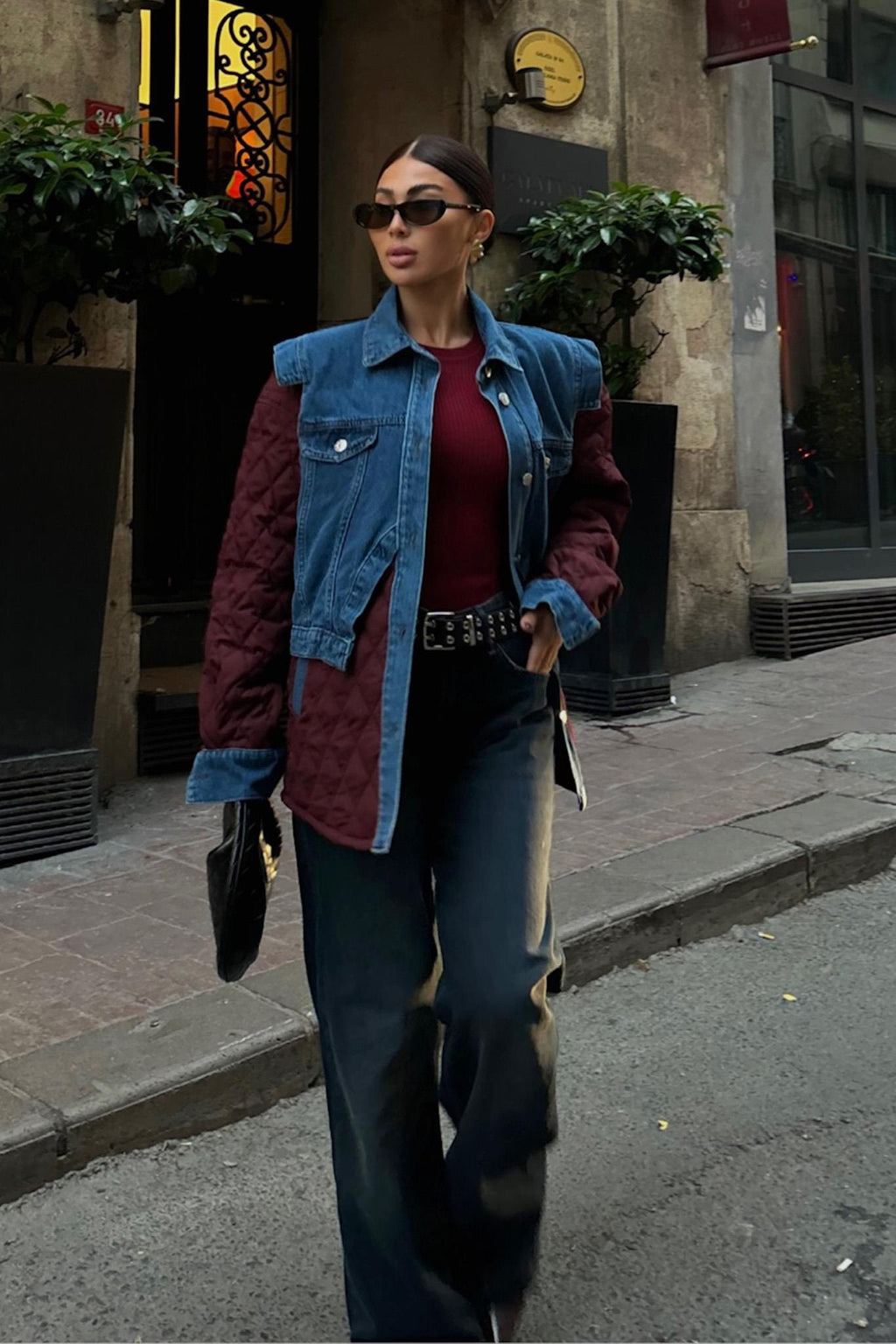 Denim Panel Quilted Long Jacket – Two-Tone Streetwear Layer for Effortless Cool