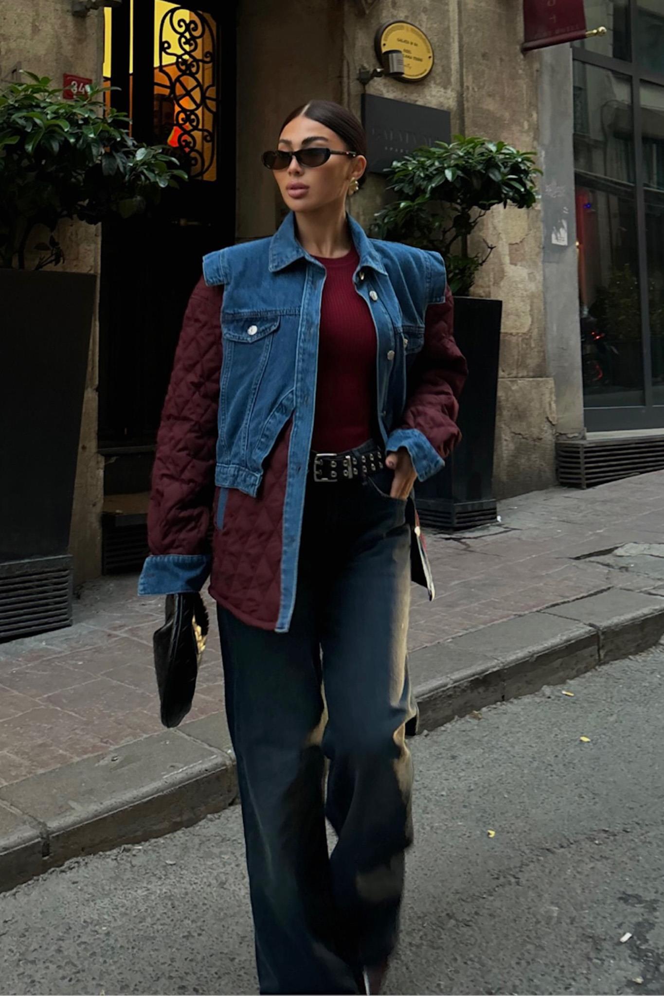 Denim Panel Quilted Long Jacket – Two-Tone Streetwear Layer for Effortless Cool
