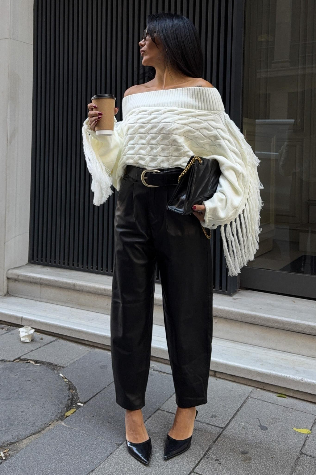 Aidan Off-Shoulder Fringe Knit Sweater – Oversized Cable Texture Chic Pullover