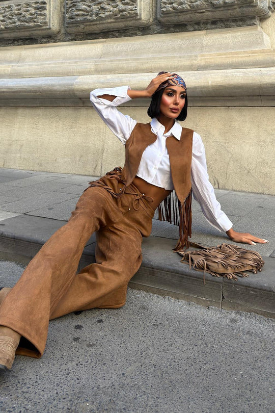 Fringe Detail Suede Vest & Pants Set – Boho Western Chic Outfit