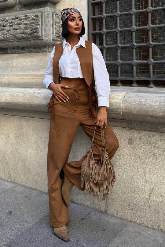 Fringe Detail Suede Vest & Pants Set – Boho Western Chic Outfit