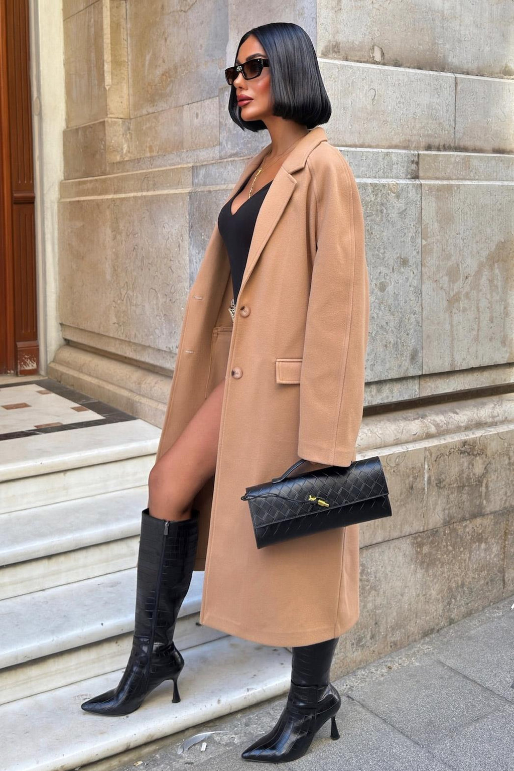 Camel Oversized Long Coat – Classic Double-Breasted Wool Look Coat