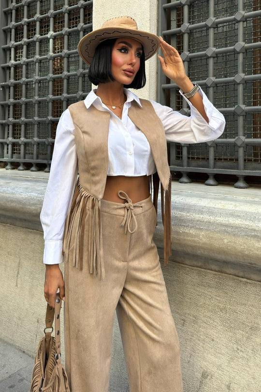 Fringe Detail Suede Vest & Pants Set – Boho Western Chic Outfit