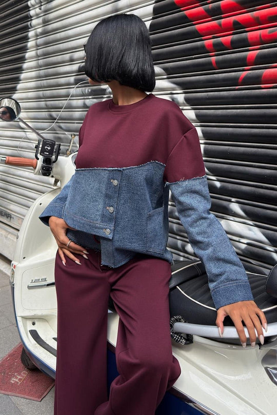 Denim Detailed Two-Tone Modal Sweatshirt & Wide-Leg Pants Set