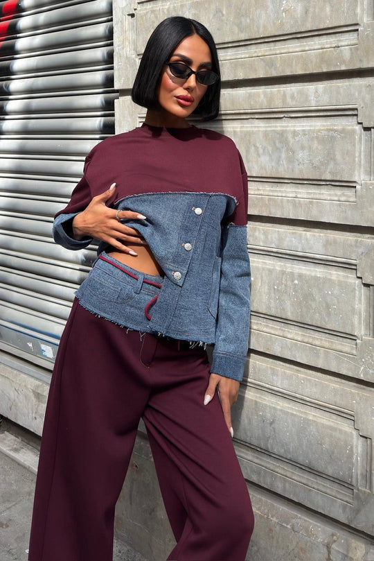 Denim Detailed Two-Tone Modal Sweatshirt & Wide-Leg Pants Set