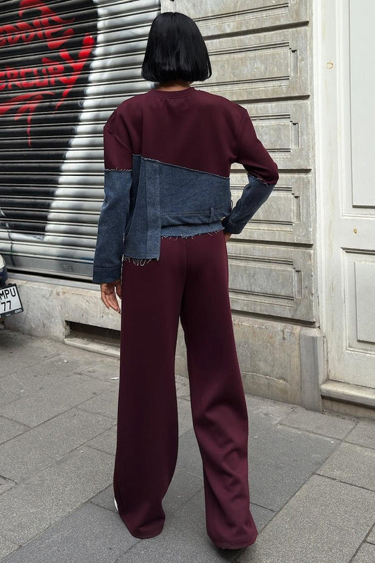 Denim Detailed Two-Tone Modal Sweatshirt & Wide-Leg Pants Set