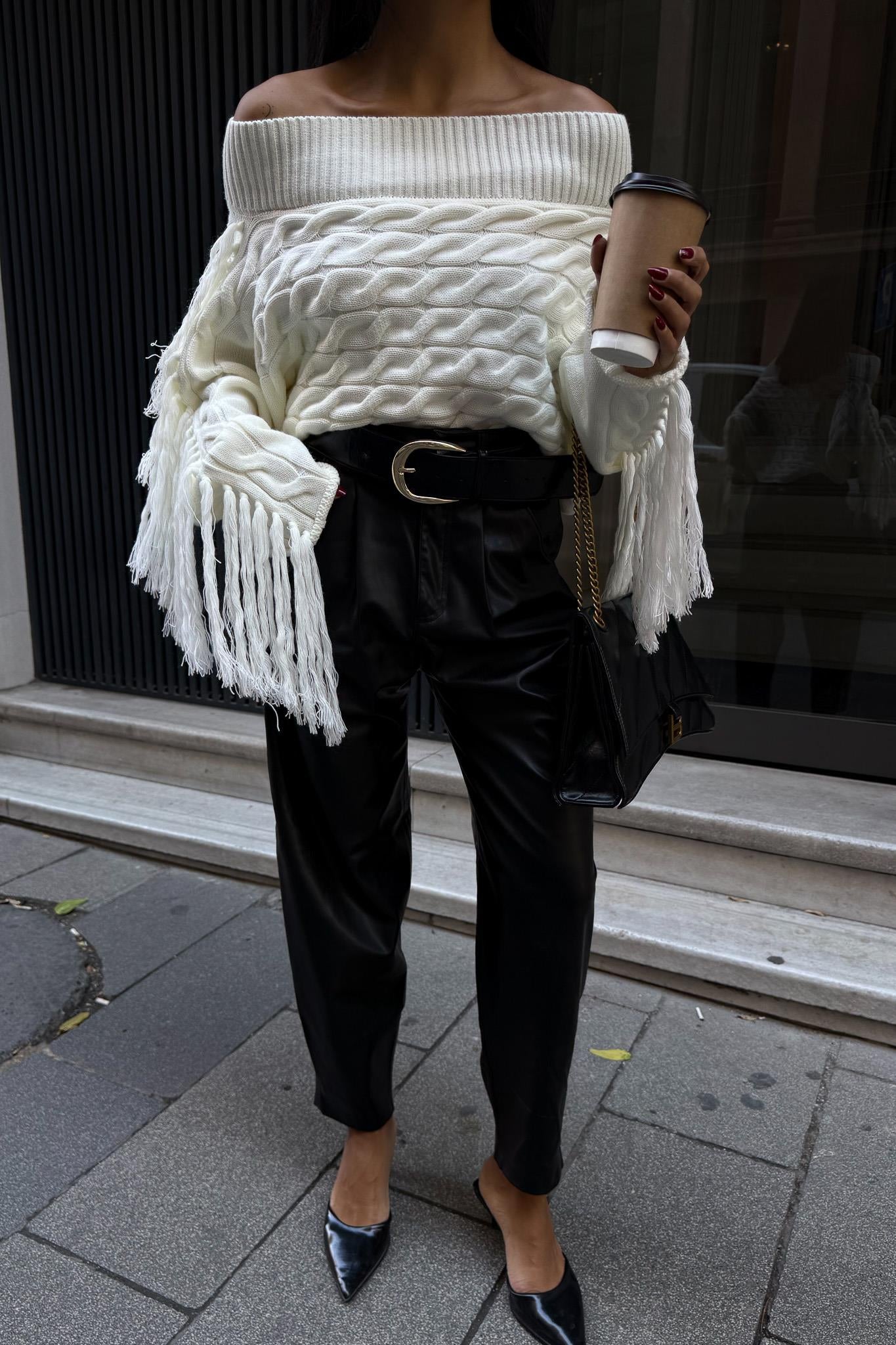 Aidan Off-Shoulder Fringe Knit Sweater – Oversized Cable Texture Chic Pullover