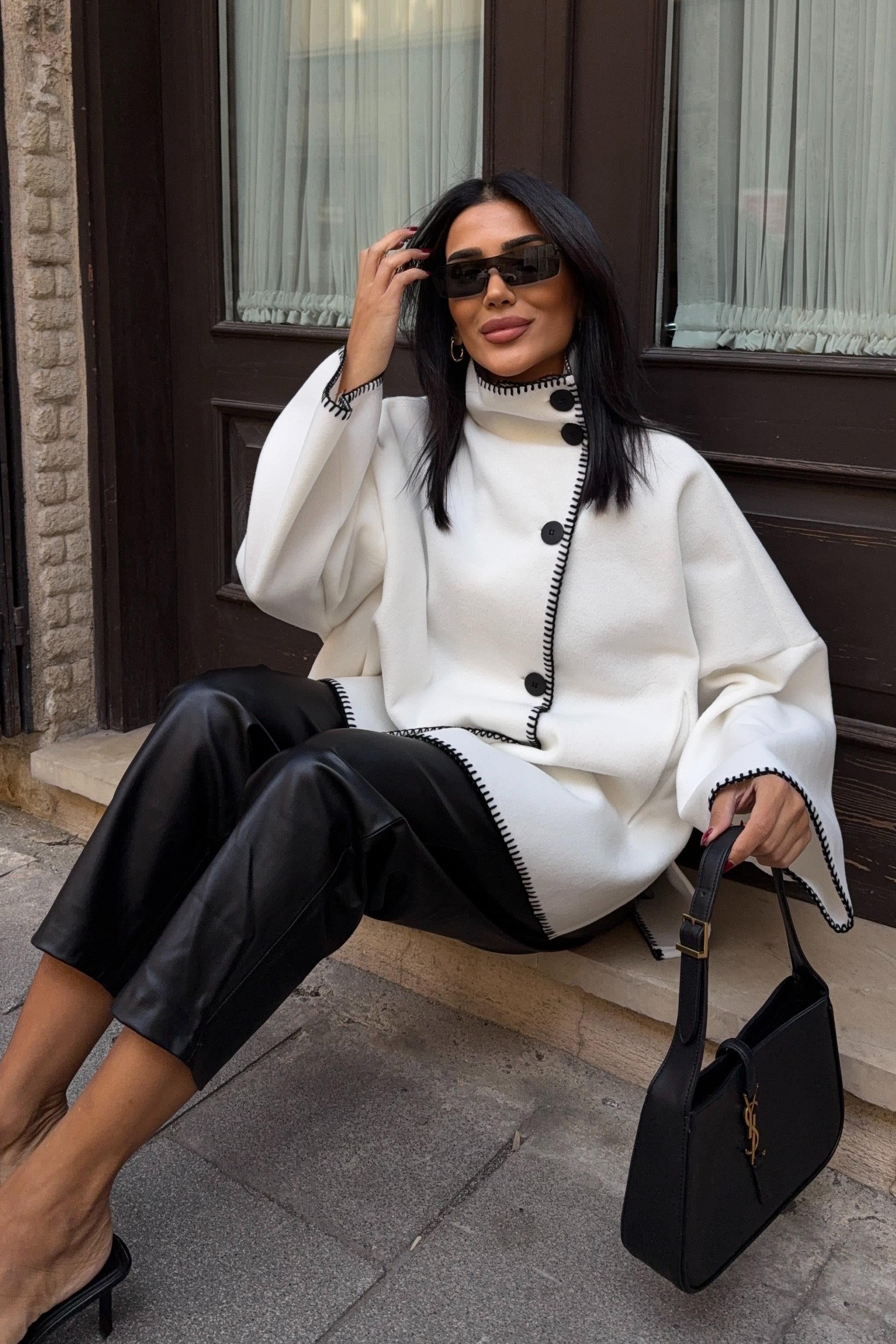 High-Neck Wool Blend Coat with Contrast Stitch Detail – Elegant Midi Length