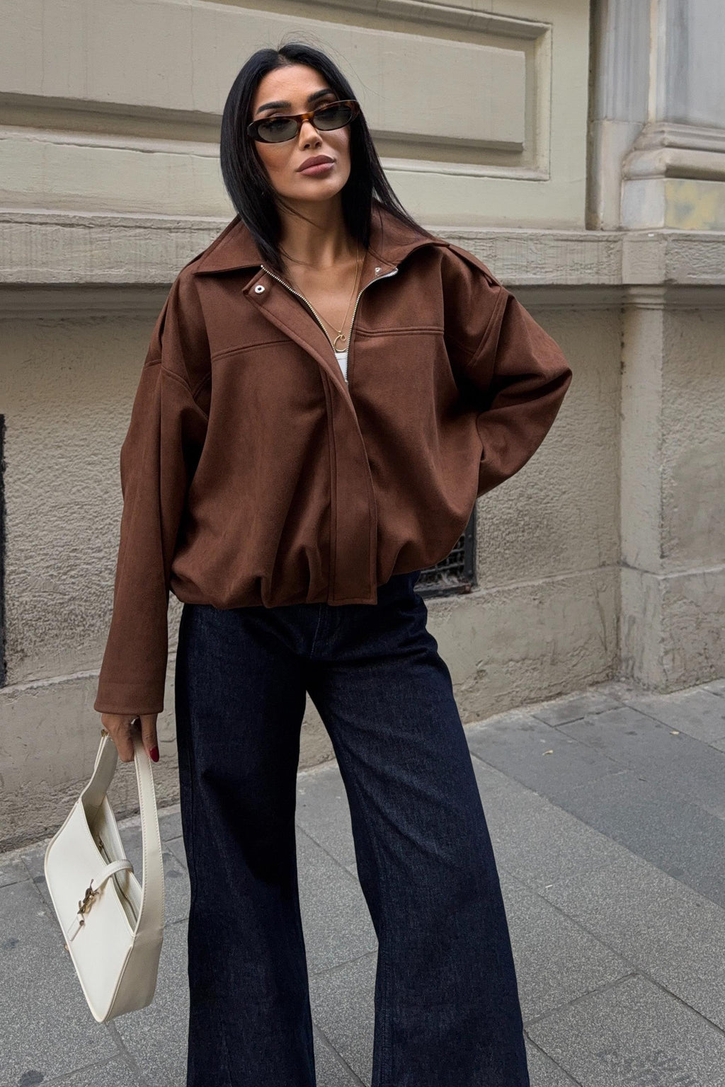 Premium Suede Bomber Jacket – Oversized Short Jacket for Women