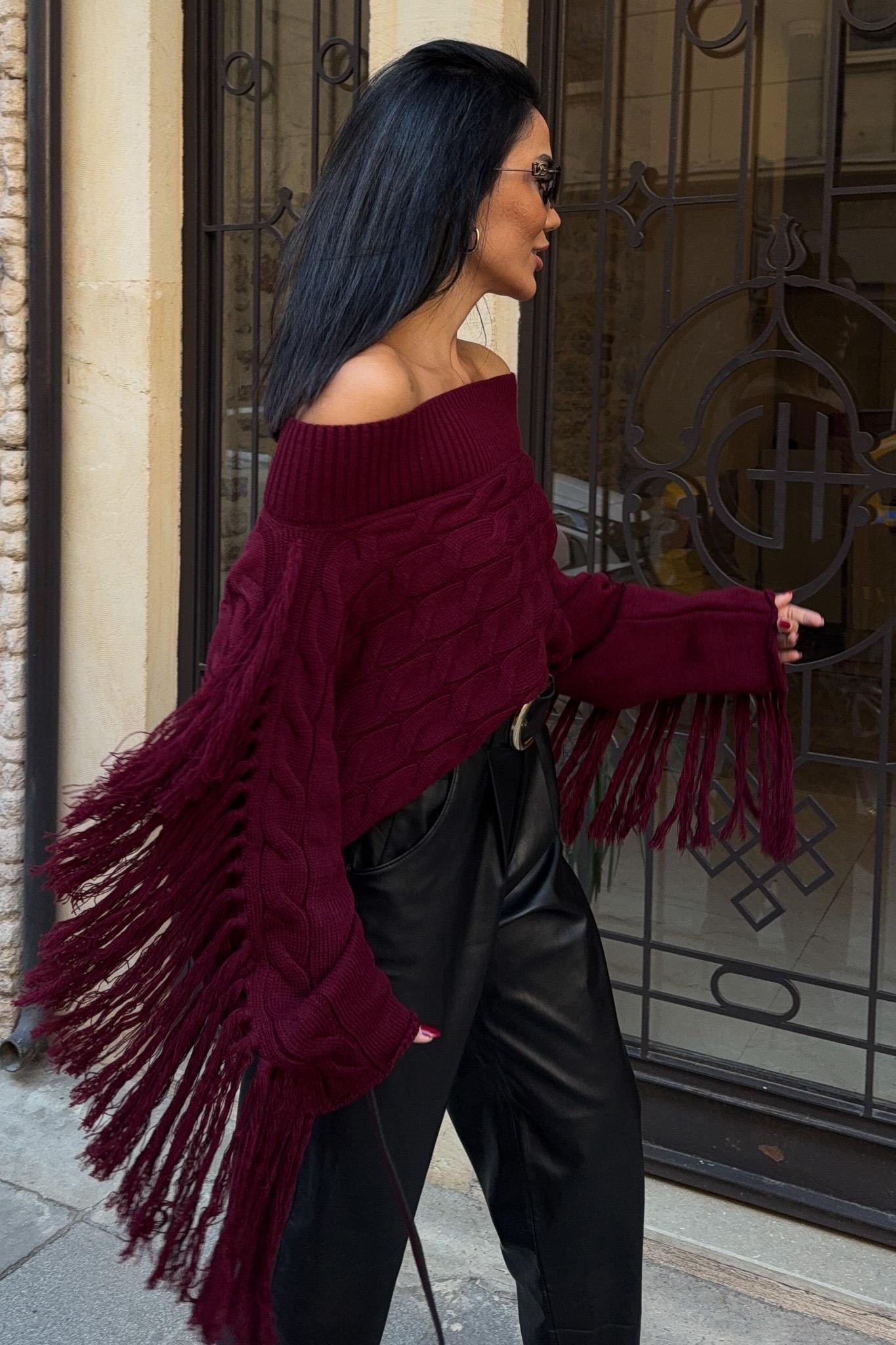 Aidan Off-Shoulder Fringe Knit Sweater – Oversized Cable Texture Chic Pullover