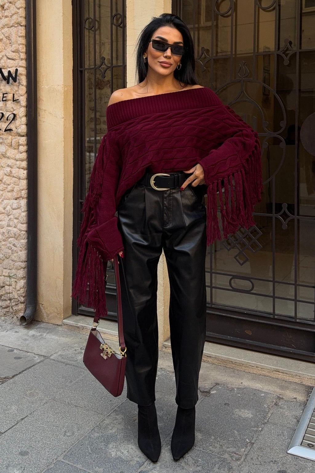 Aidan Off-Shoulder Fringe Knit Sweater – Oversized Cable Texture Chic Pullover