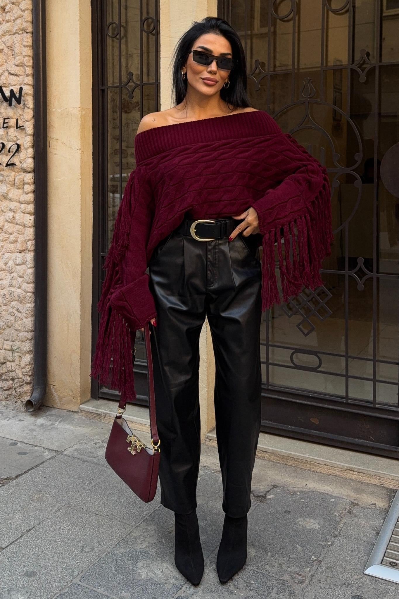 Aidan Off-Shoulder Fringe Knit Sweater – Oversized Cable Texture Chic Pullover