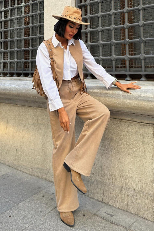 Fringe Detail Suede Vest & Pants Set – Boho Western Chic Outfit