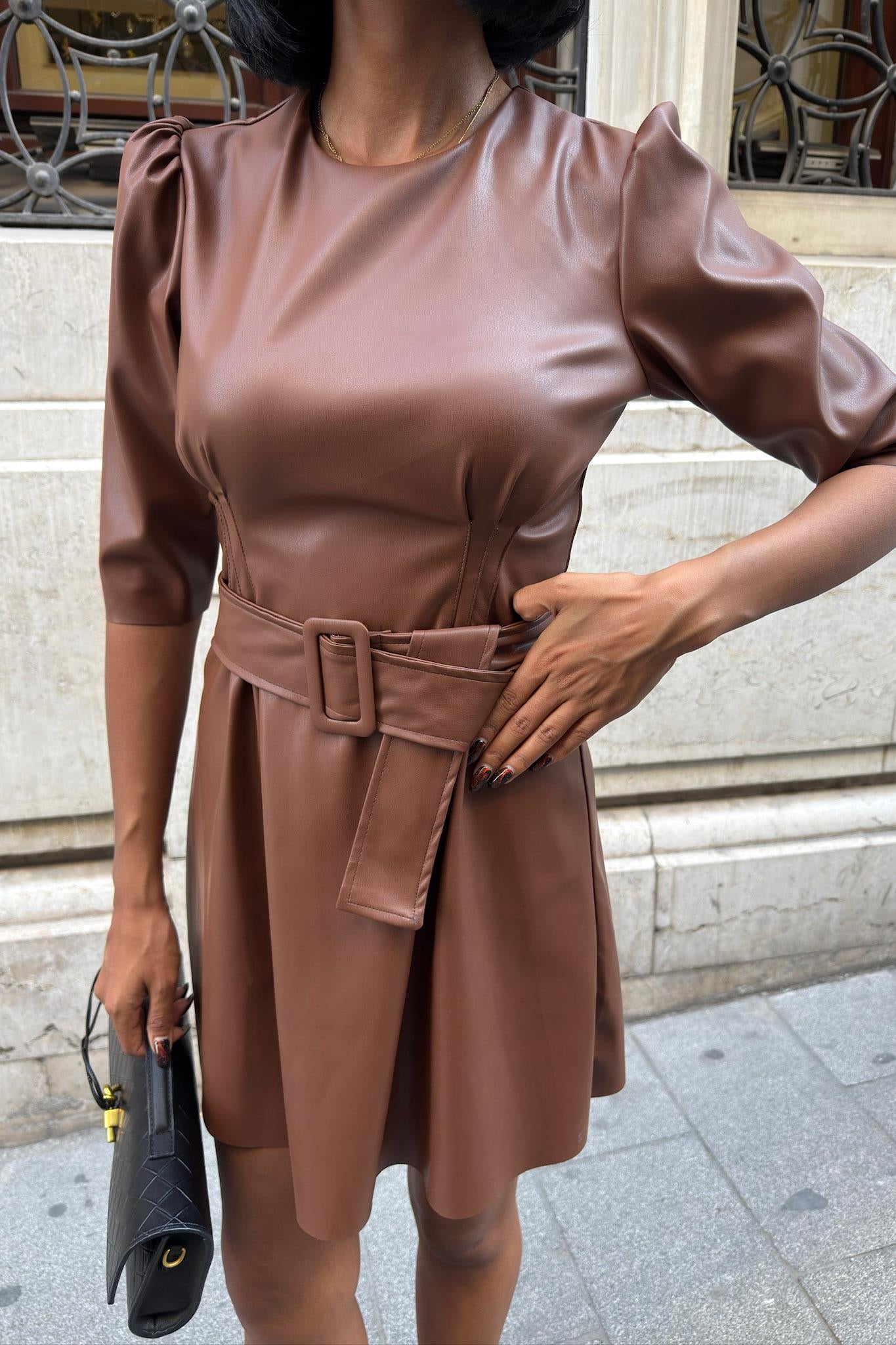 Puff Sleeve Faux Leather Mini Dress – Belted Short Dress for Women