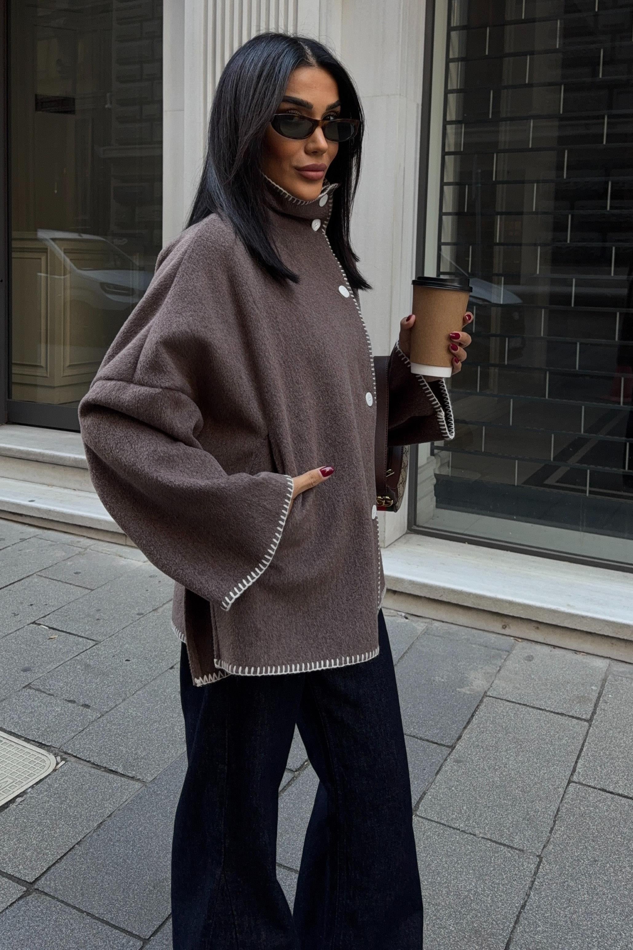 High-Neck Wool Blend Coat with Contrast Stitch Detail – Elegant Midi Length