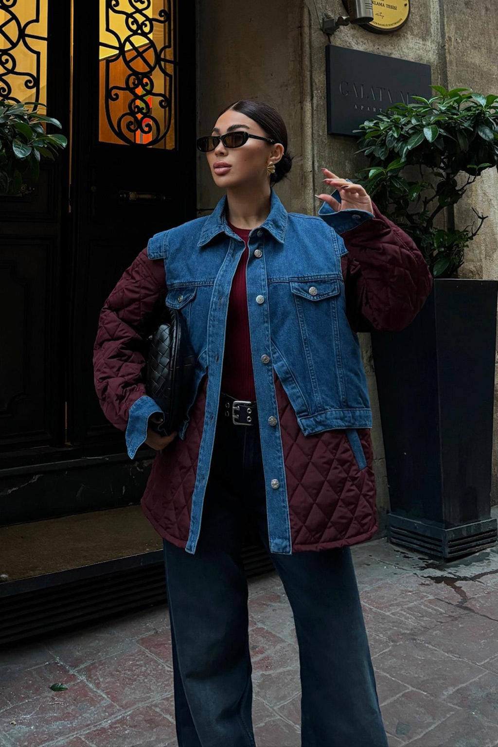 Denim Panel Quilted Long Jacket – Two-Tone Streetwear Layer for Effortless Cool