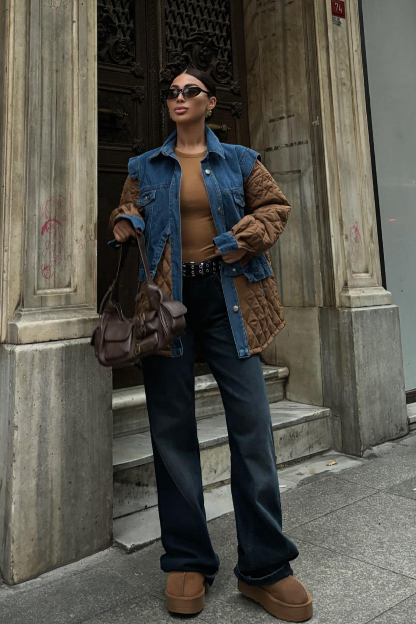 Denim Panel Quilted Long Jacket – Two-Tone Streetwear Layer for Effortless Cool