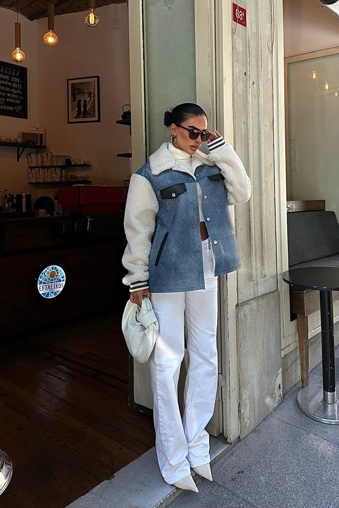 Denim & Sherpa Panel Bomber Jacket – Cozy Street Chic Contrast Design