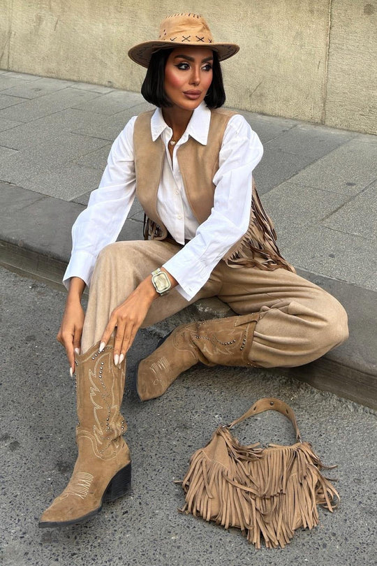 Fringe Detail Suede Vest & Pants Set – Boho Western Chic Outfit