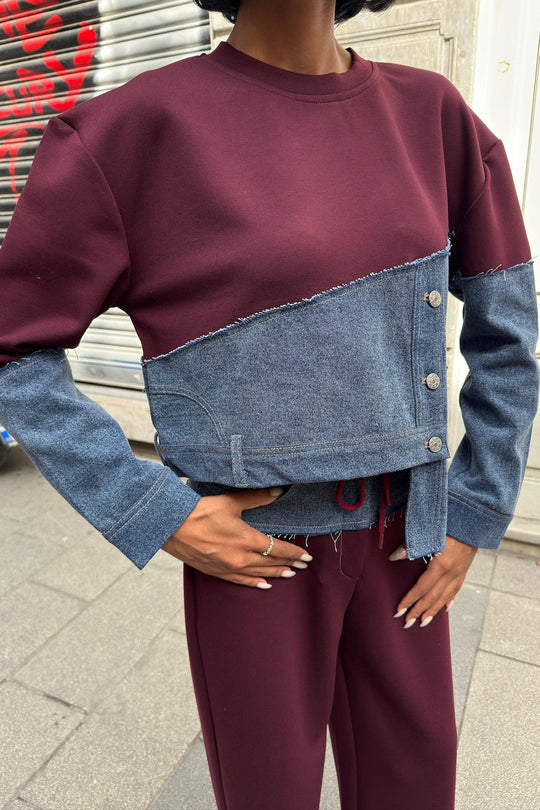 Denim Detailed Two-Tone Modal Sweatshirt & Wide-Leg Pants Set