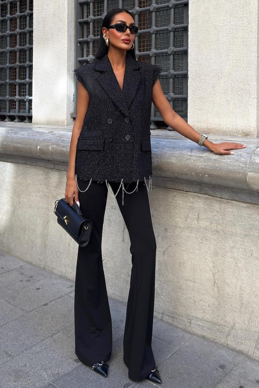 Sparkle Tweed Sleeveless Blazer Vest – Double-Breasted Statement Top