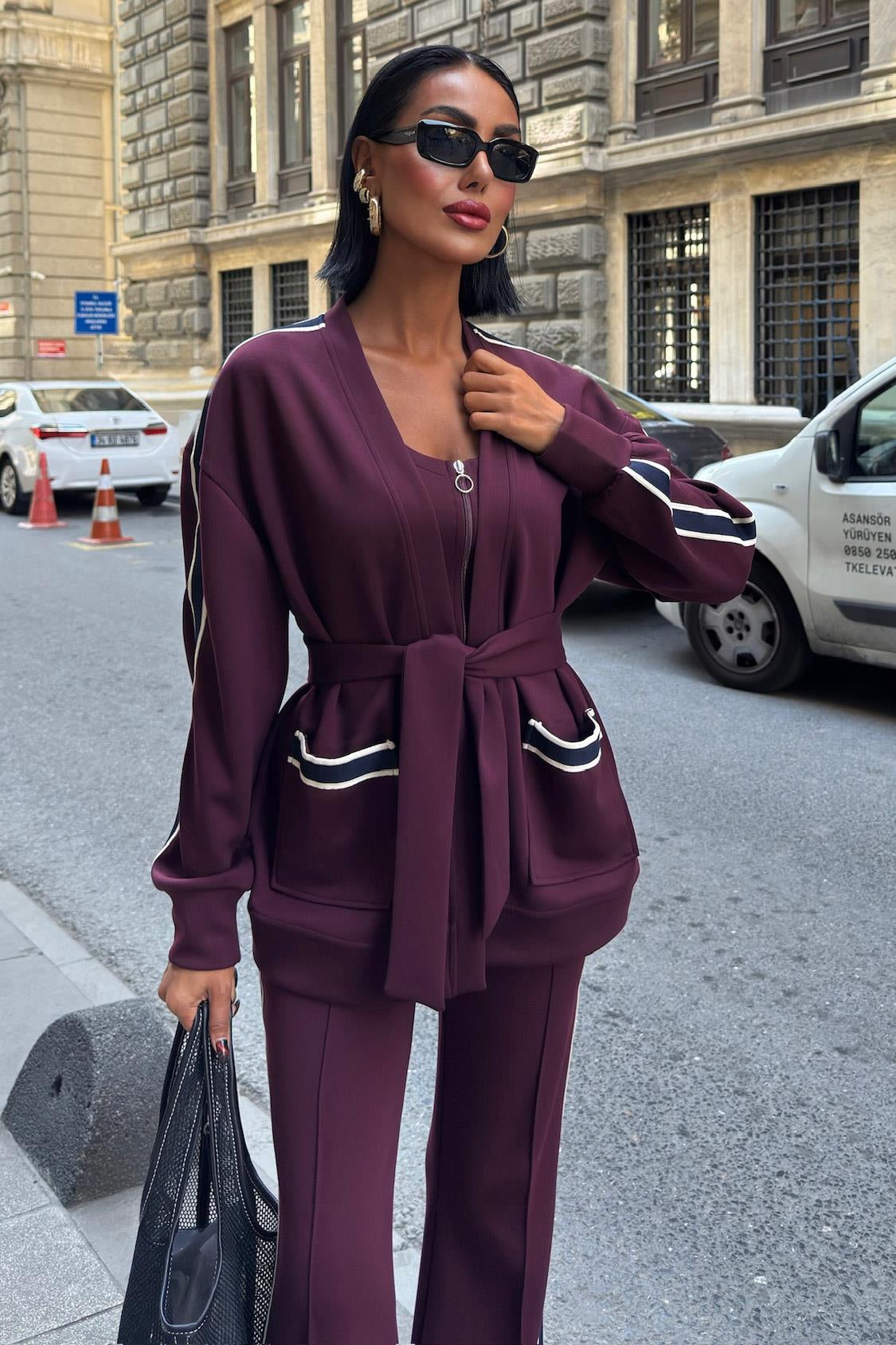 Striped Waist-Belt 3-Piece Tracksuit Set – Premium Rayon Blend Comfort Fit
