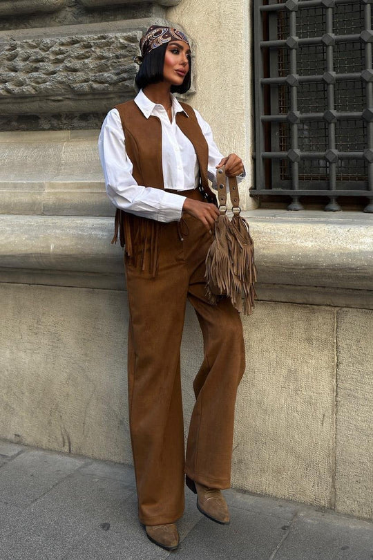 Fringe Detail Suede Vest & Pants Set – Boho Western Chic Outfit