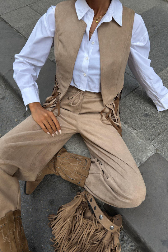 Fringe Detail Suede Vest & Pants Set – Boho Western Chic Outfit