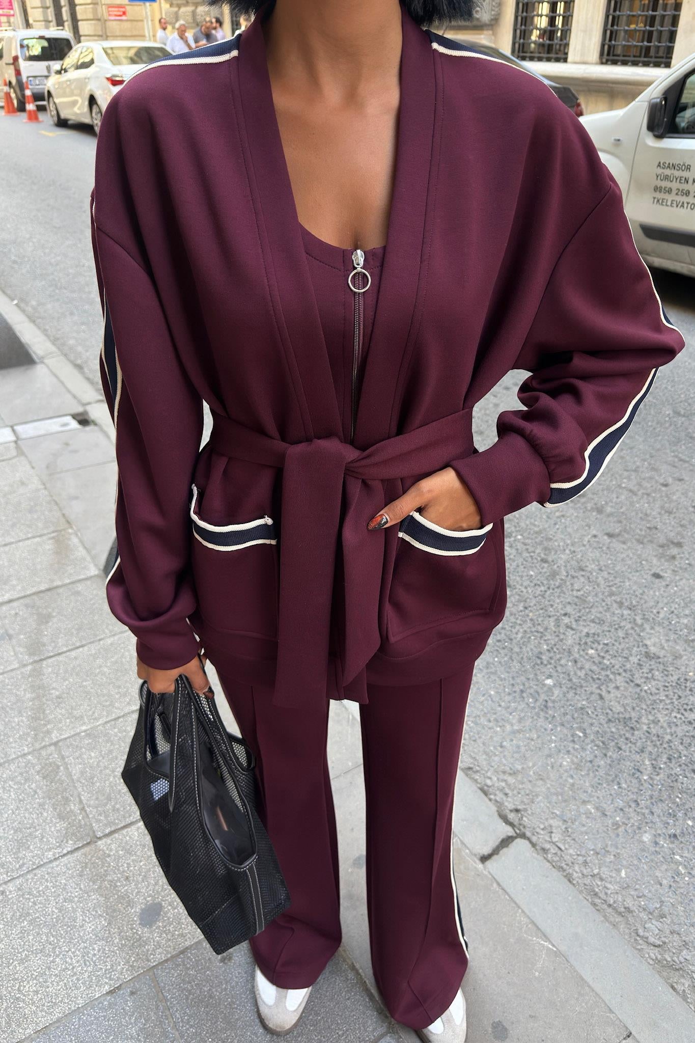 Striped Waist-Belt 3-Piece Tracksuit Set – Premium Rayon Blend Comfort Fit