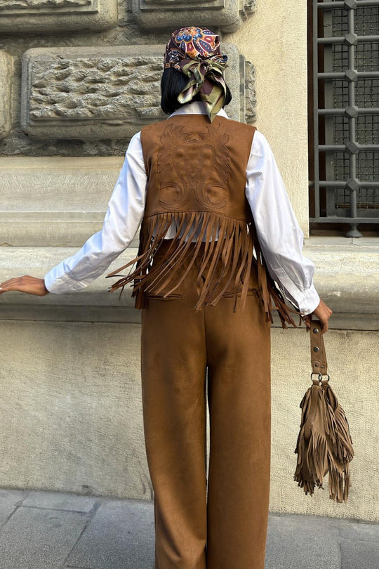 Fringe Detail Suede Vest & Pants Set – Boho Western Chic Outfit