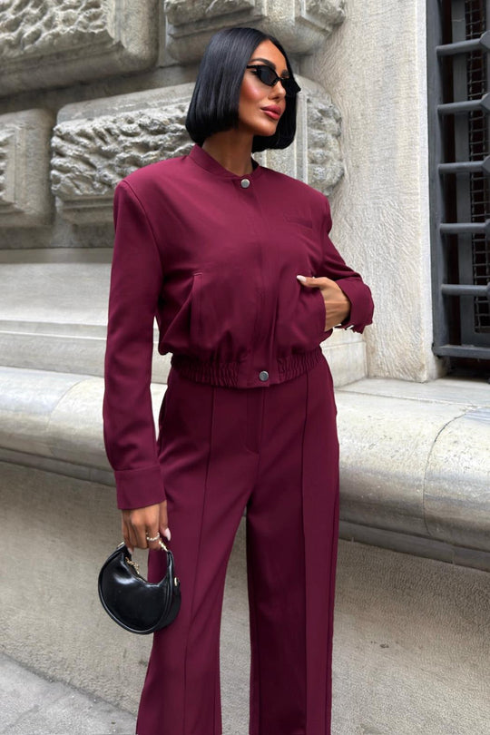 Elegant Wine Red Two-Piece Suit – Double Fabric Long Sleeve Bomber Jacket & Wide-Leg Pants Set