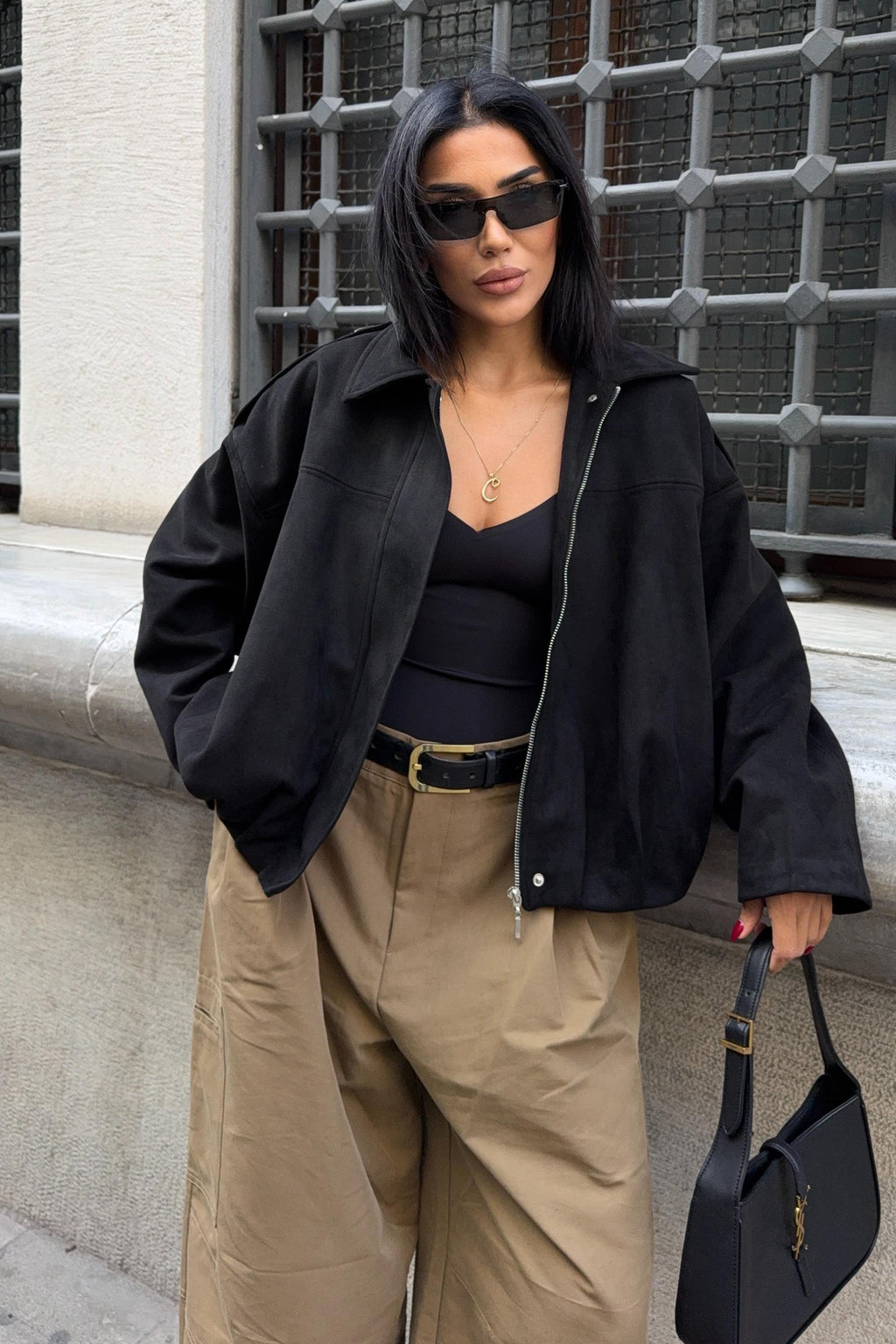 Premium Suede Bomber Jacket – Oversized Short Jacket for Women