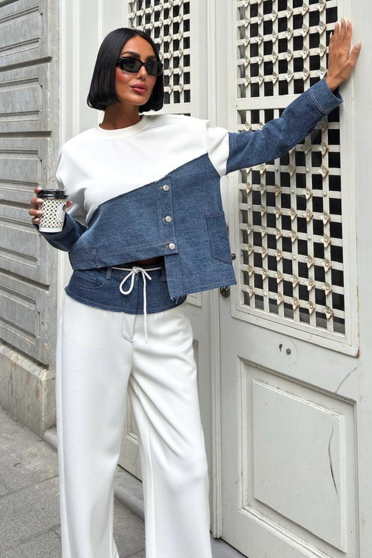 Denim Detailed Two-Tone Modal Sweatshirt & Wide-Leg Pants Set