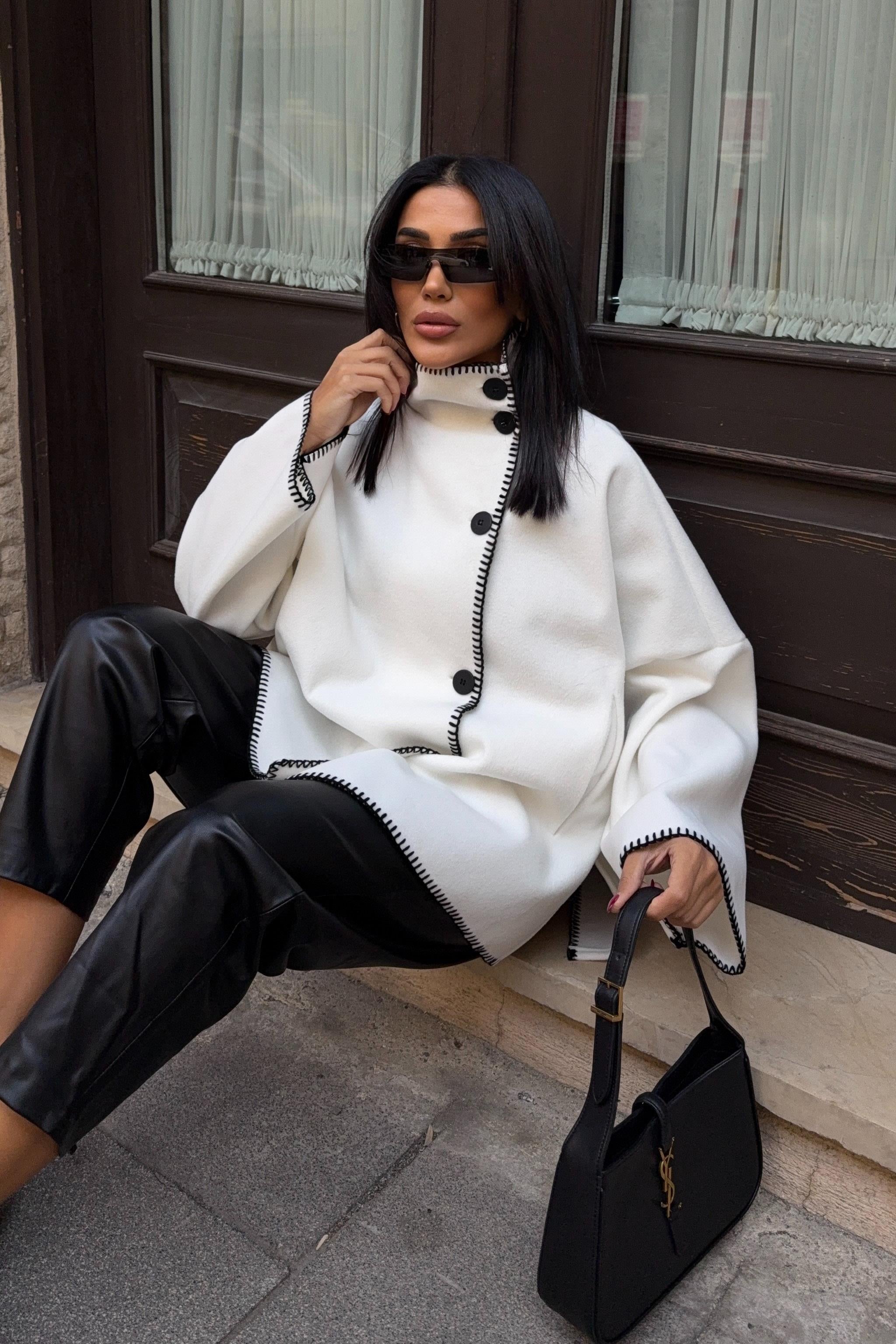 High-Neck Wool Blend Coat with Contrast Stitch Detail – Elegant Midi Length