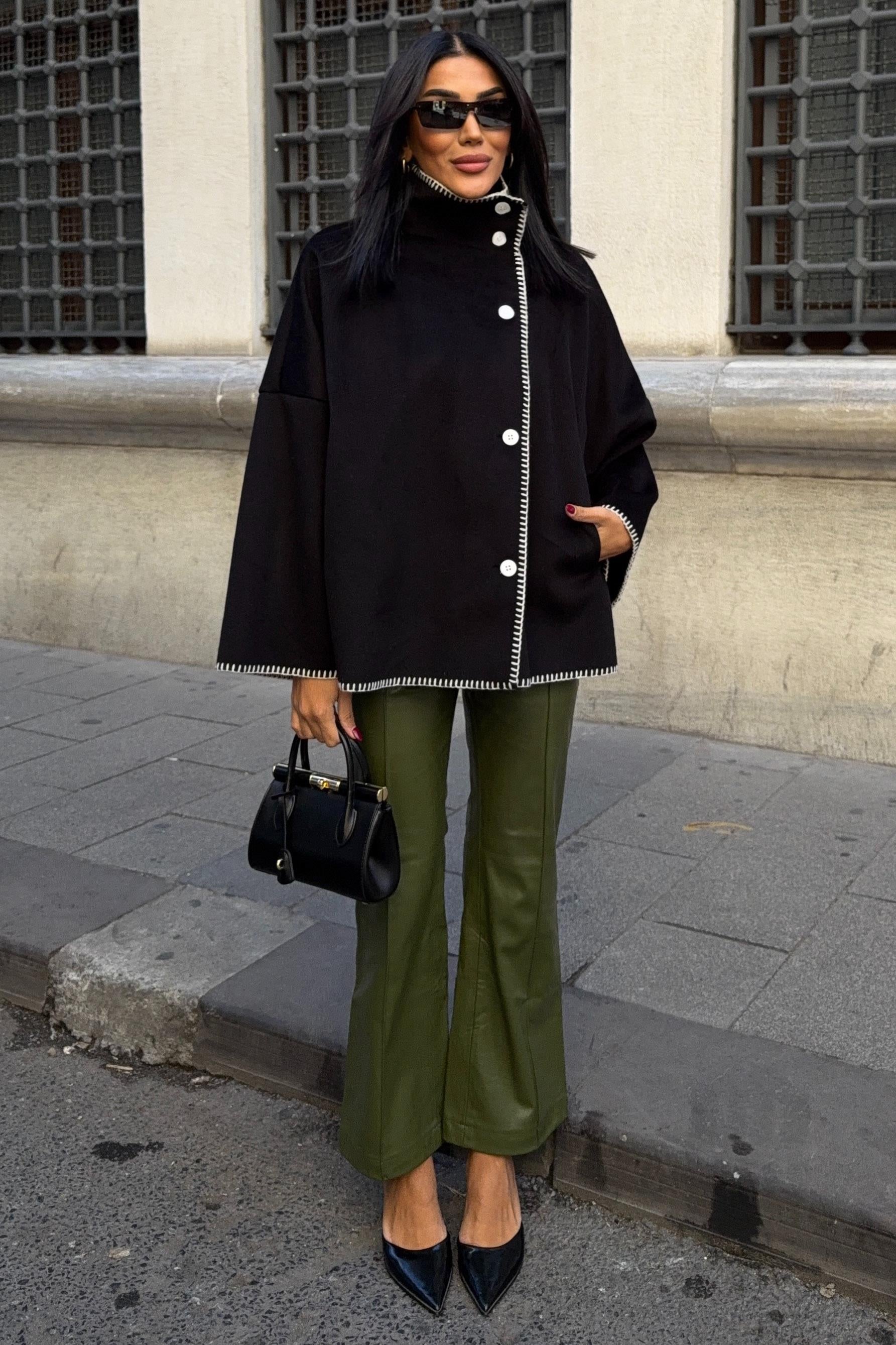 High-Neck Wool Blend Coat with Contrast Stitch Detail – Elegant Midi Length