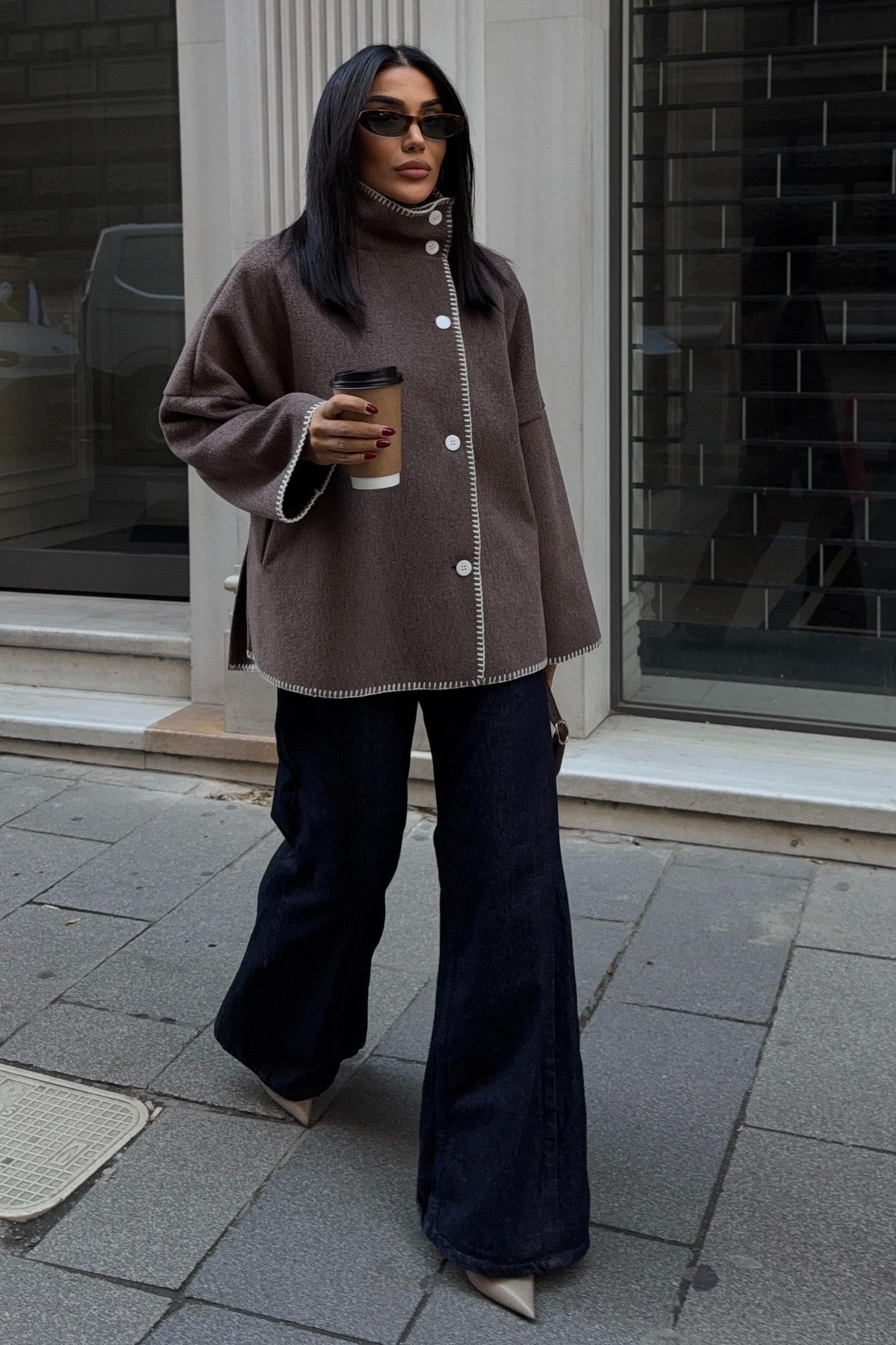 High-Neck Wool Blend Coat with Contrast Stitch Detail – Elegant Midi Length