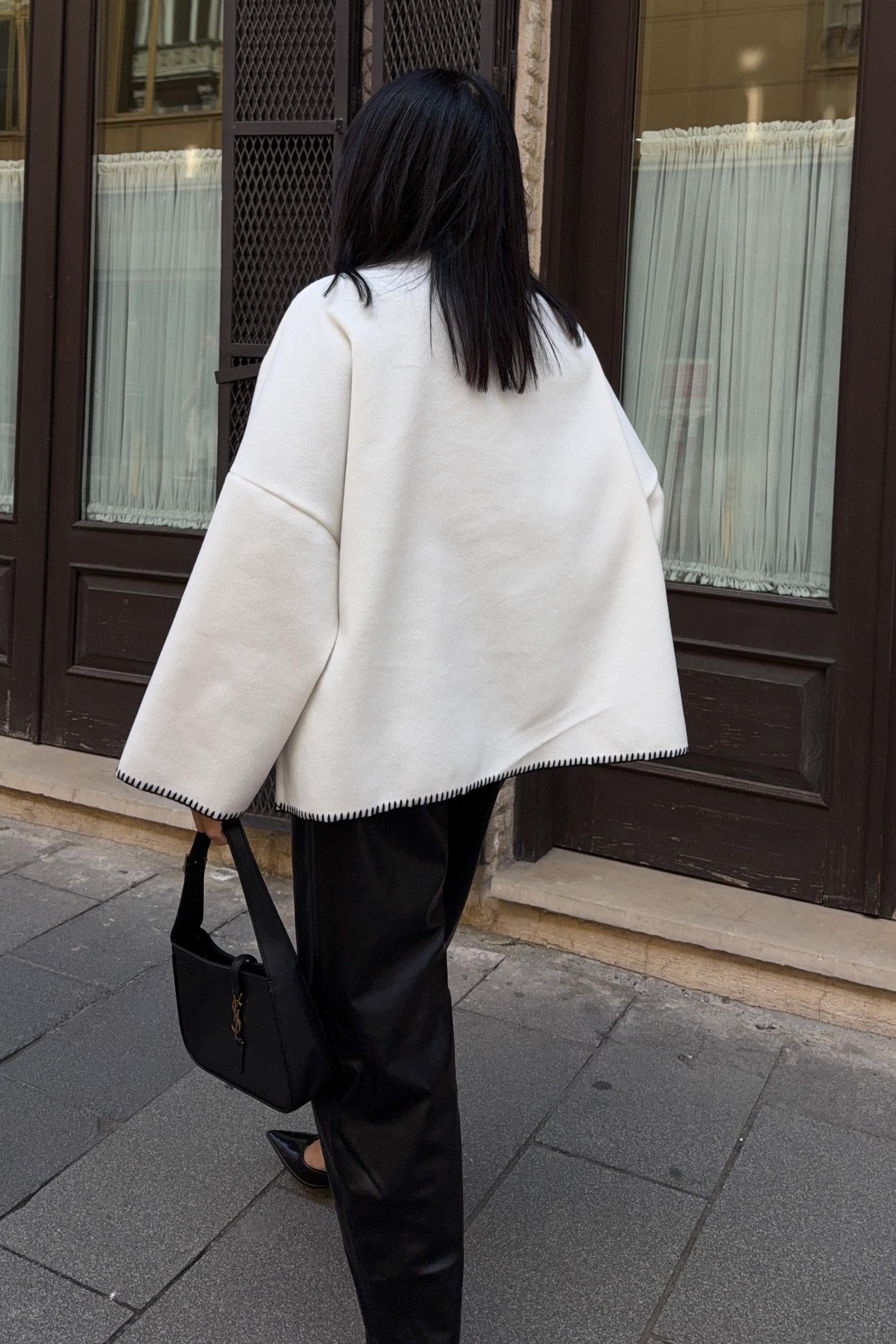 High-Neck Wool Blend Coat with Contrast Stitch Detail – Elegant Midi Length