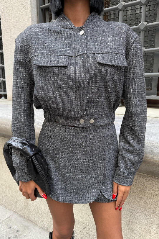 Sparkle Tweed Two-Piece Set – Long Sleeve Crop Jacket & Mini Skirt