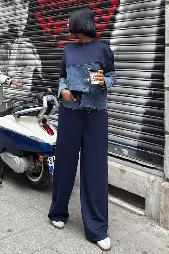 Denim Detailed Two-Tone Modal Sweatshirt & Wide-Leg Pants Set