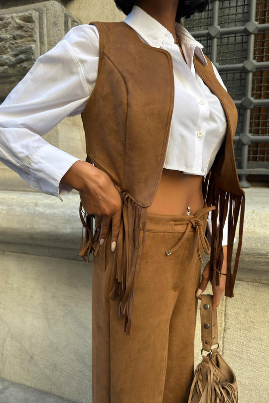 Fringe Detail Suede Vest & Pants Set – Boho Western Chic Outfit