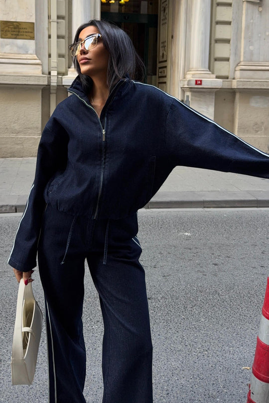 Denim Stripe Jacket & Pants Set – Premium Casual Street Style